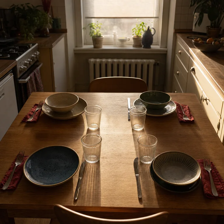 Different everyday plates look coordinated with matching ribbed clear drinking glasses at every seat.