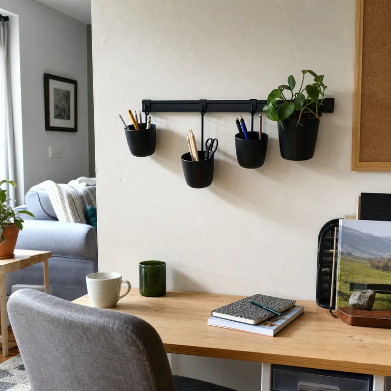 A wall rail with small hanging cups keeps pens, scissors, and headphones above a compact desk.