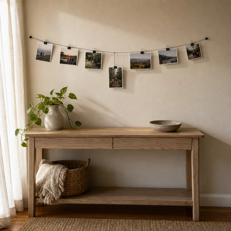 A wire photo line with clipped family snapshots hangs above a small oak console in a lived-in living room.