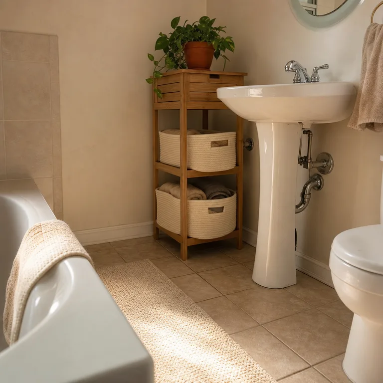 Narrow bamboo cabinet beside a pedestal sink provides a small bathroom landing surface.