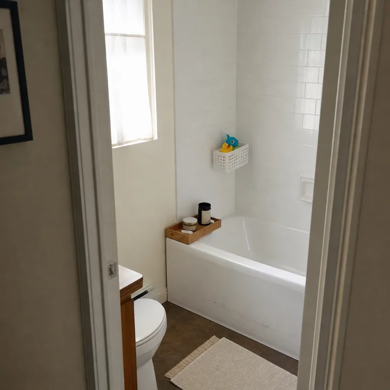 A draining scoop basket holds bath toys beside a white tub while dry toiletries sit separately in a bamboo tray.