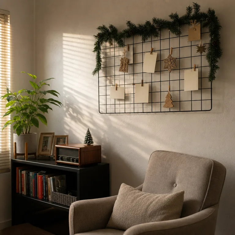 A black wire wall grid holds card backs, kraft paper ornaments, faux garland, and small clips above a reading chair.
