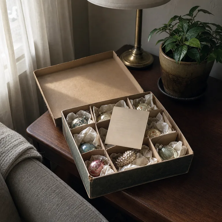 Delicate Christmas ornaments packed in padded sections of a reused rigid gift box.
