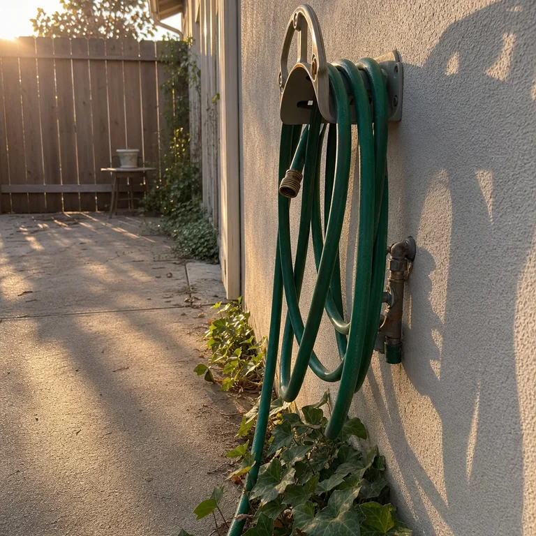 A drained garden hose coiled on a patio wall holder.