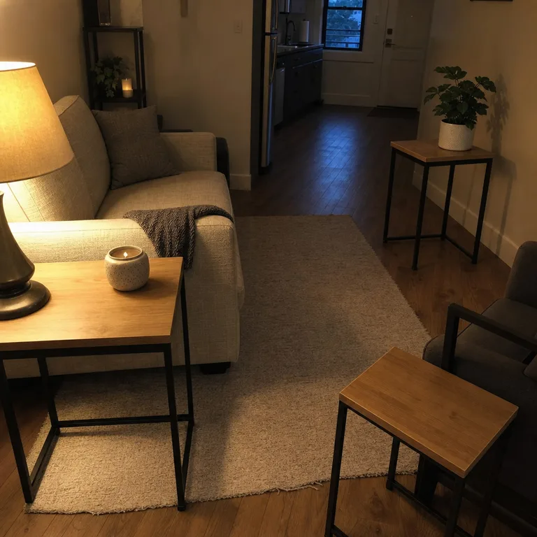 Separated nesting tables provide drink surfaces near seats while preserving an open center aisle in a small living room.