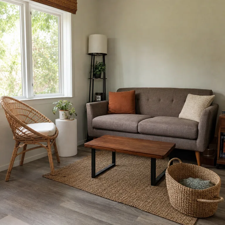 A cushioned rattan accent chair placed beside a living room window.