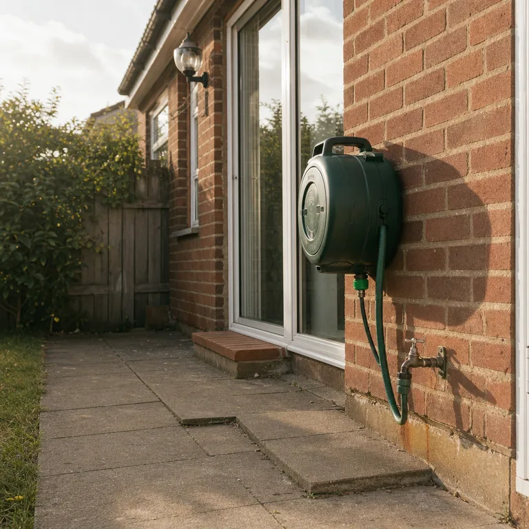 Compact wall-mounted hose reel beside an outdoor tap on a brick patio wall.