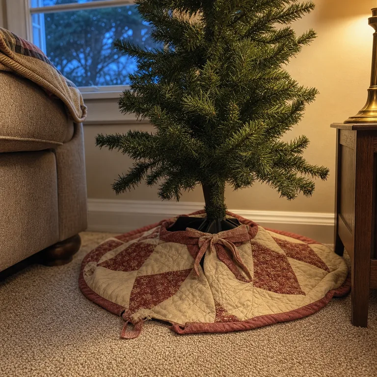 A quilted split tree skirt fastened around a plastic tree stand on beige carpet.