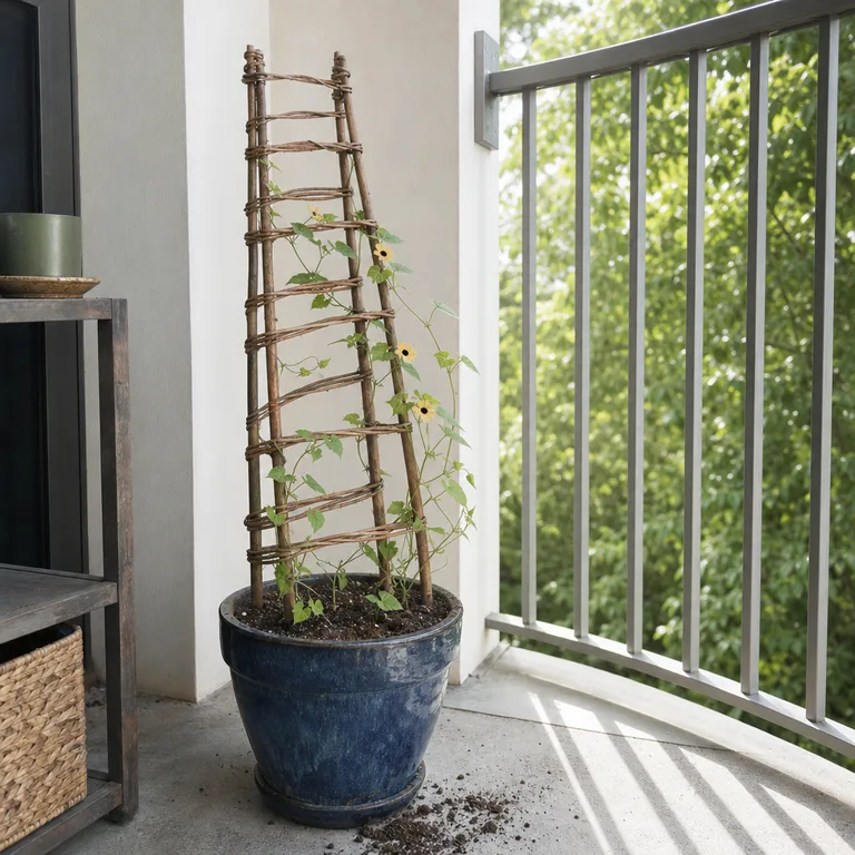 Woven willow ladder trellis in a balcony pot for a lightweight flowering vine.