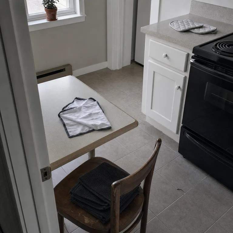 Charcoal waffle towels contrast with smooth white pot holders and a white napkin with charcoal trim.