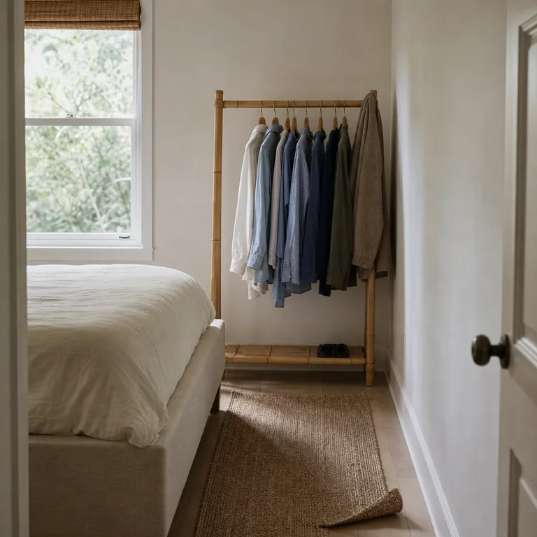 A narrow bamboo clothing rail at the foot of a bed holding a small set of clothes.