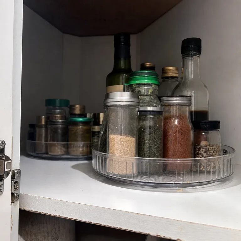 Two shallow clear turntables organize small jars in a deep corner cabinet.