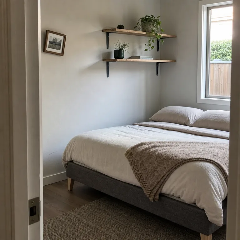 Two narrow wood shelves form a headboard area above a simple bed.