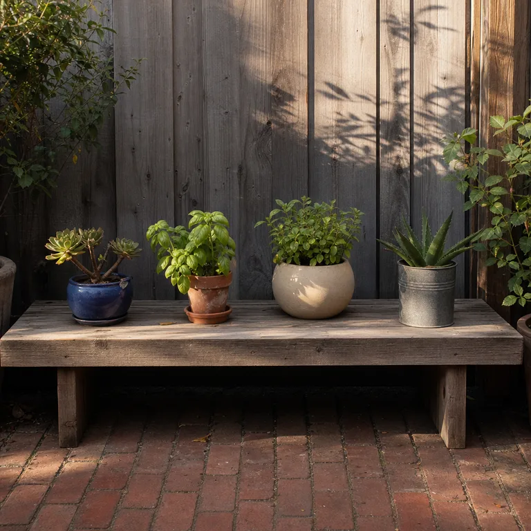 Small mismatched pots grouped together on a weathered wooden bench.