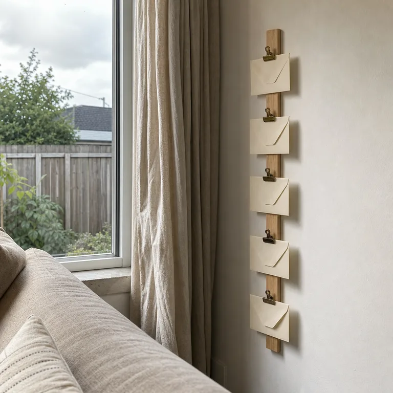 Flat envelopes clipped to a narrow wooden strip beside a living-room window.
