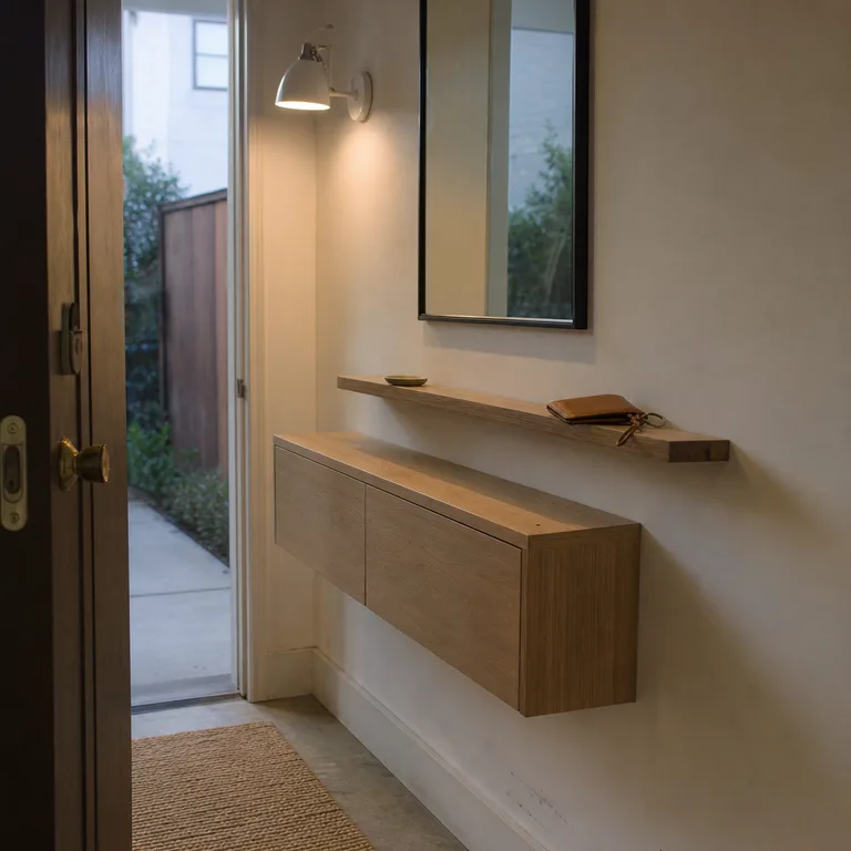 Rectangular mirror and shallow key shelf above a pale wood floating entry console.