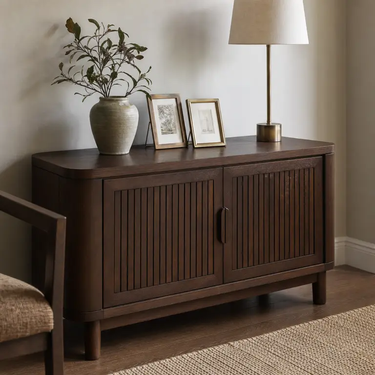 Two brass-tone frames and simple decor on a living room sideboard.