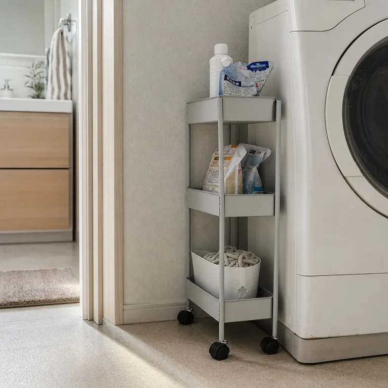 A slim rolling cart stores laundry bottles in the narrow space beside a washing machine.