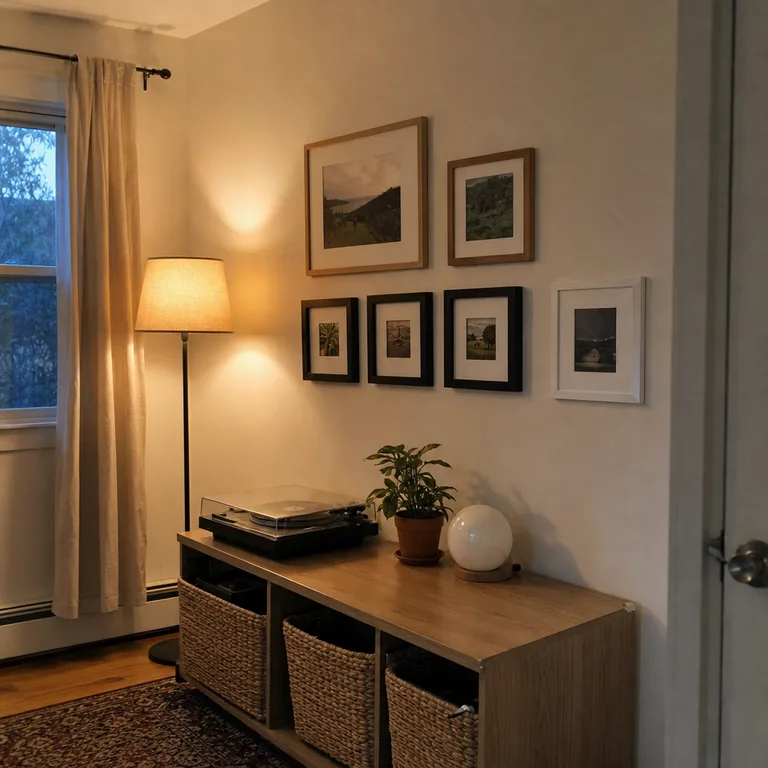 Repeated square frames organize a mixed gallery wall above a living-room console.