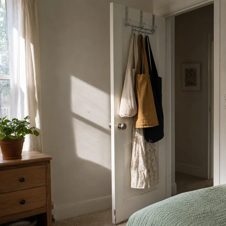 Breathable garment bags hanging from removable hooks over a bedroom door.