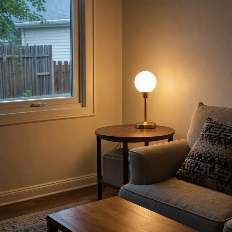 A glowing globe lamp on a side table beside a sofa.