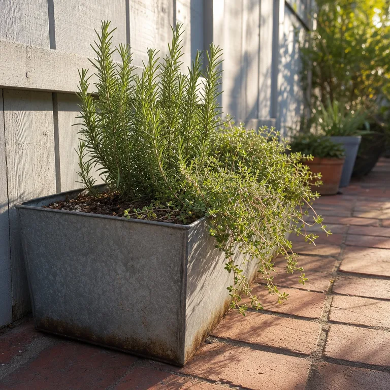 Rosemary and trailing thyme growing together in a weathered rectangular patio planter.