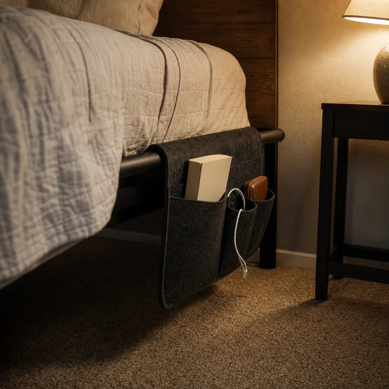 A charcoal felt pocket caddy hangs from a black metal bed frame beside a narrow walkway.