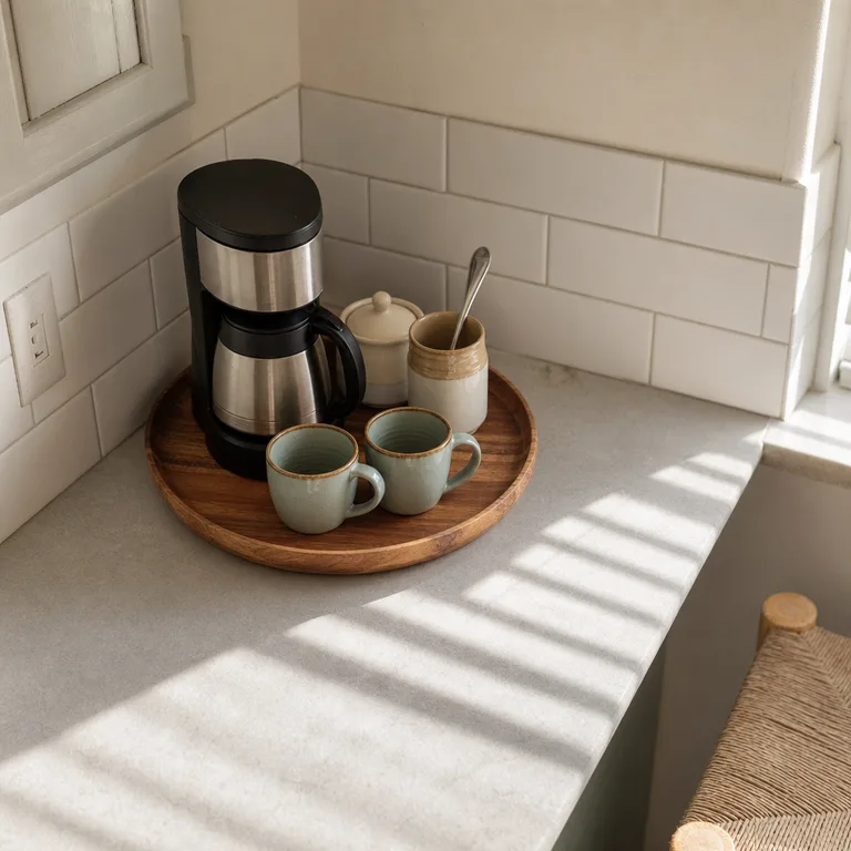 A round tray containing coffee essentials in a small kitchen counter corner.
