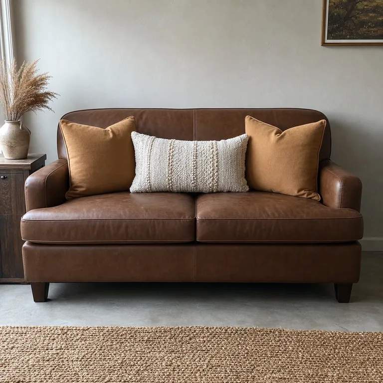 A brown leather-look sofa with camel square pillows and a cream woven lumbar pillow.