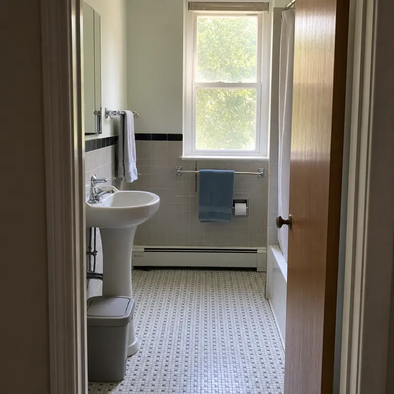 A matte lidded wastebasket sits neatly beside a pedestal sink in a small bathroom.