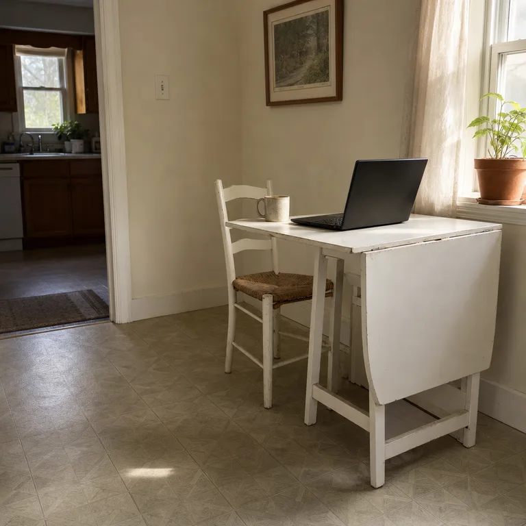 A small gateleg kitchen table has one leaf raised for laptop work and the other folded down.