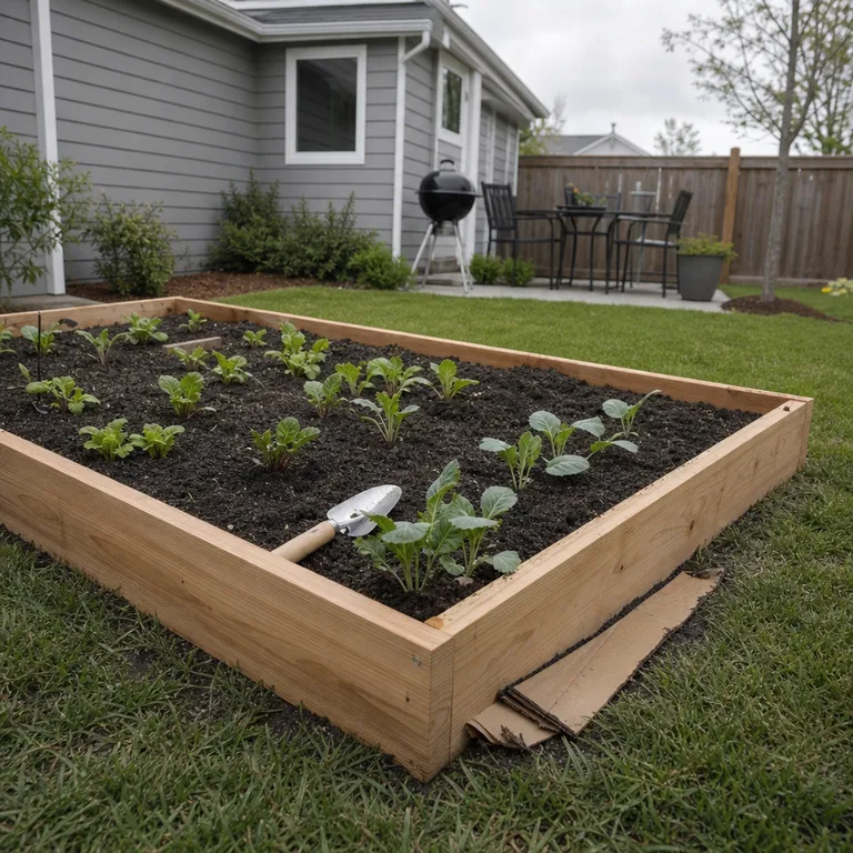 A simple open-bottom cedar raised bed being established over a small lawn.