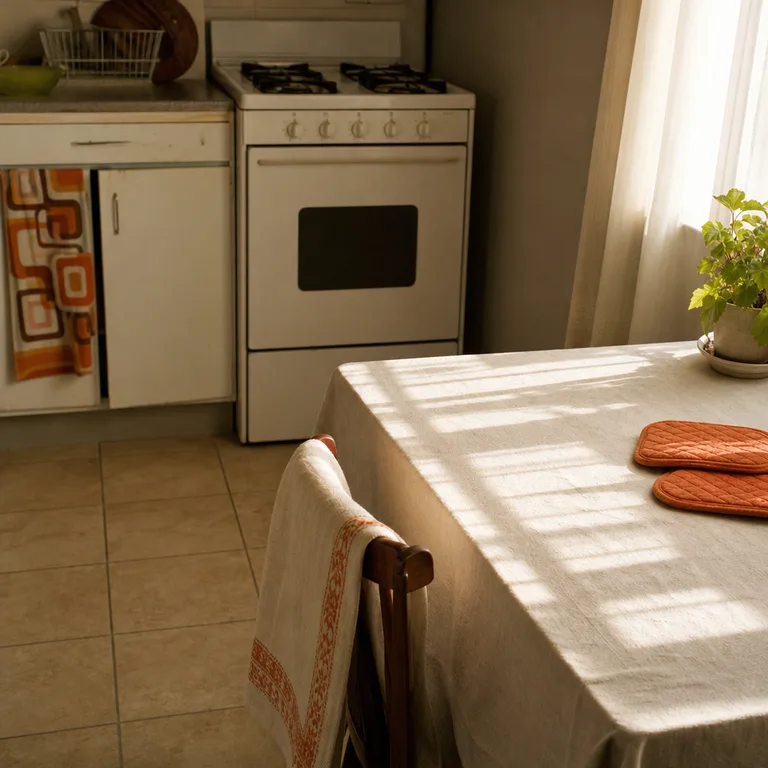 Retro orange print towel is grounded by a bordered plain towel, orange pot holders, and an off-white table cloth.