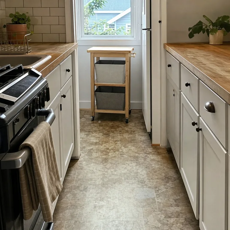 Rolling cart with two sorting bins parked at the end of a narrow galley kitchen.