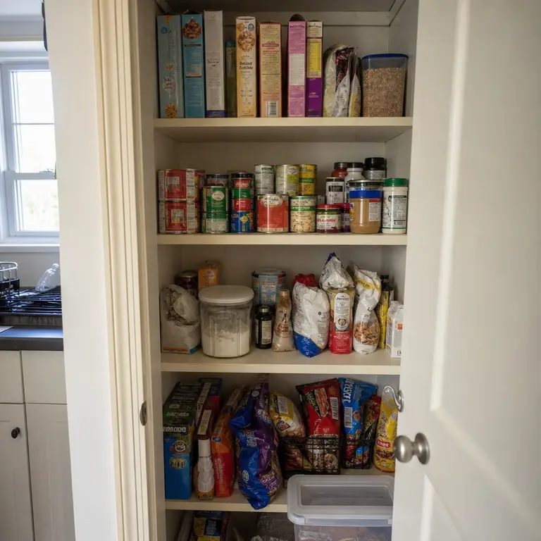 A small pantry cupboard with each shelf organized into clear food categories.