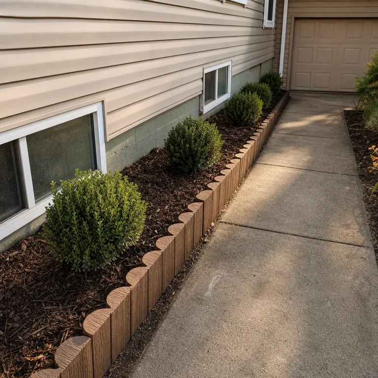 Brown wood-grain no-dig edging defining a narrow foundation planting bed.