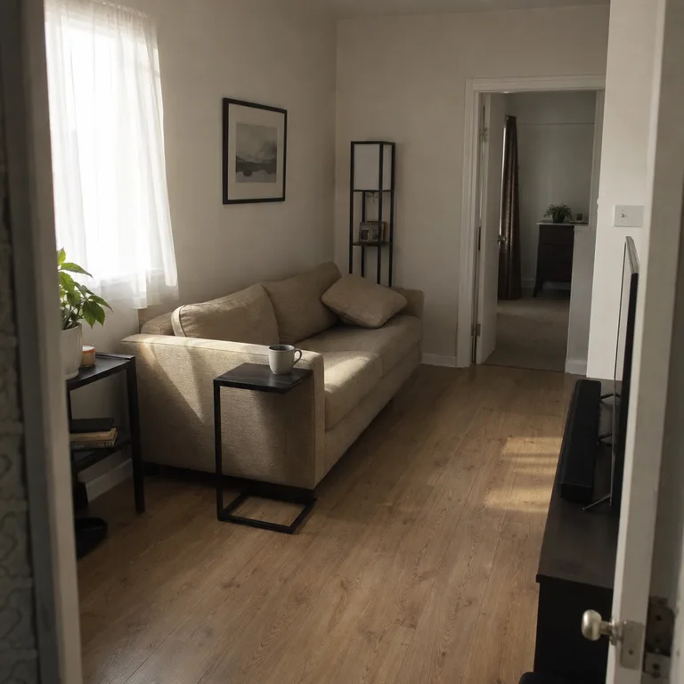 A black C-shaped table tucked under a beige sofa leaves the middle of a small living room clear.