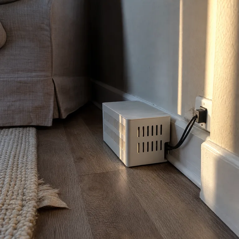 A vented cable box beside a sofa contains excess charging cords near an outlet.
