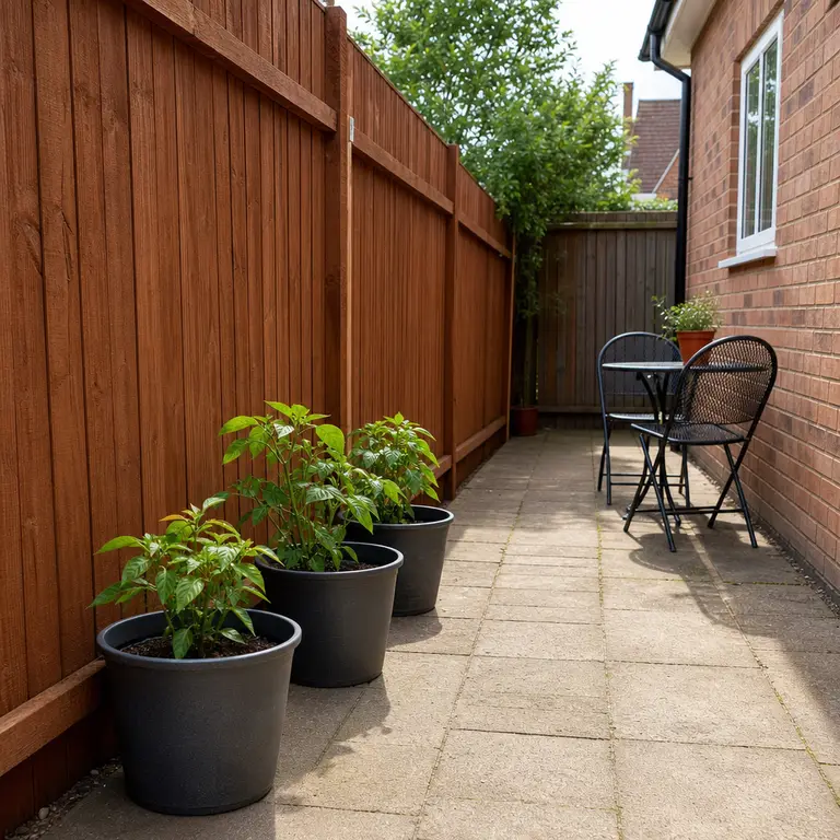 Three matching patio pots holding pepper plants along a fence.