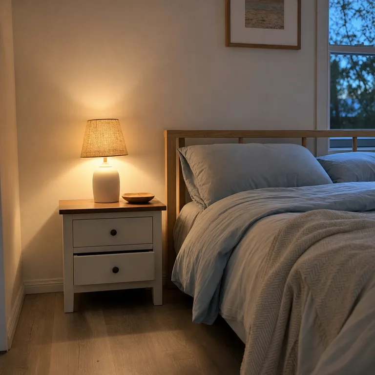 Small two-drawer bedside table beside a bed in a compact bedroom.