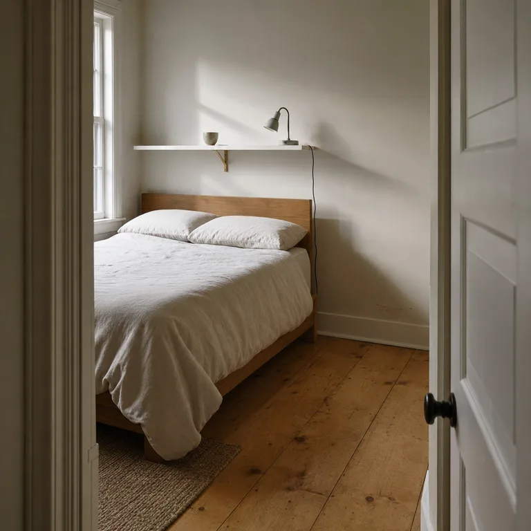 A shallow white floating shelf above the side of a bed replaces a floor-standing nightstand in a narrow bedroom.