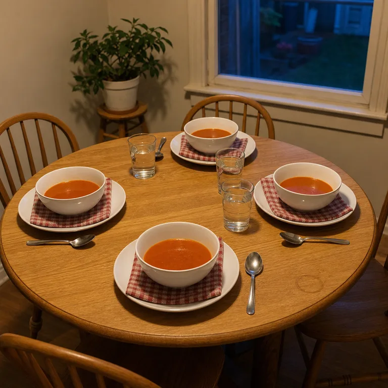 White soup bowls sit on folded red-and-cream checked napkins over everyday dinner plates.