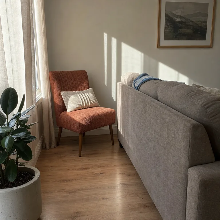 A narrow armless accent chair tucked beside a window in a small living room.