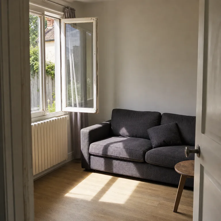 A small gray sofa shifted beside, rather than in front of, an open casement window.