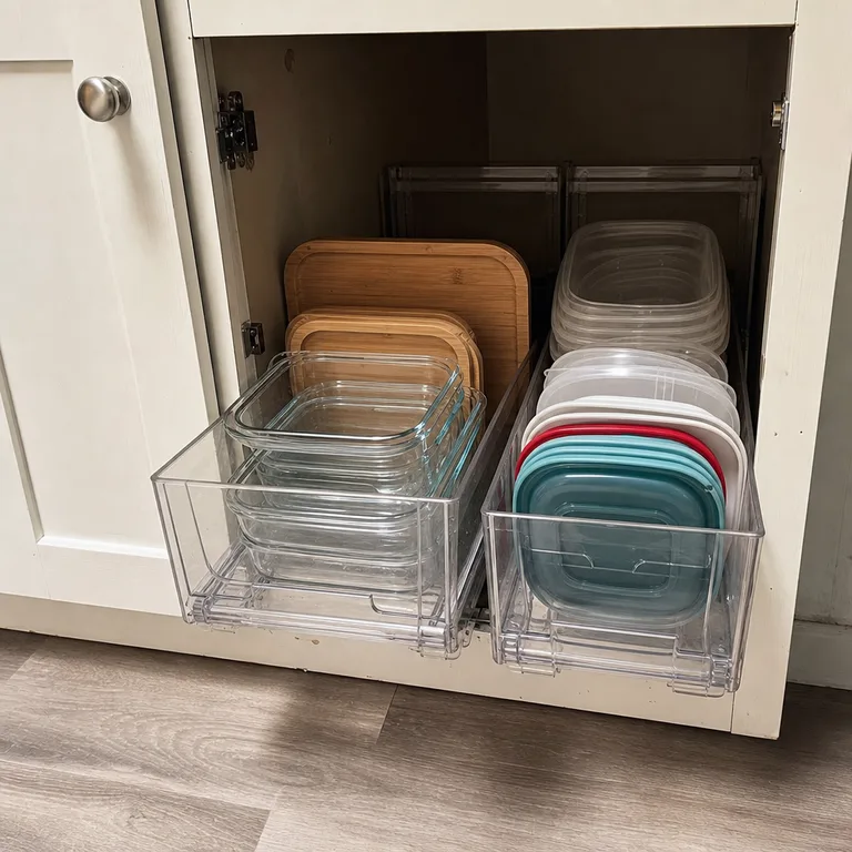 Pull-out cabinet bins separating glass and plastic food storage containers.