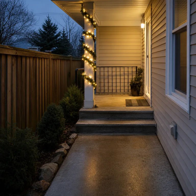 Warm lights and garland spiral around one porch post beside clear narrow steps.