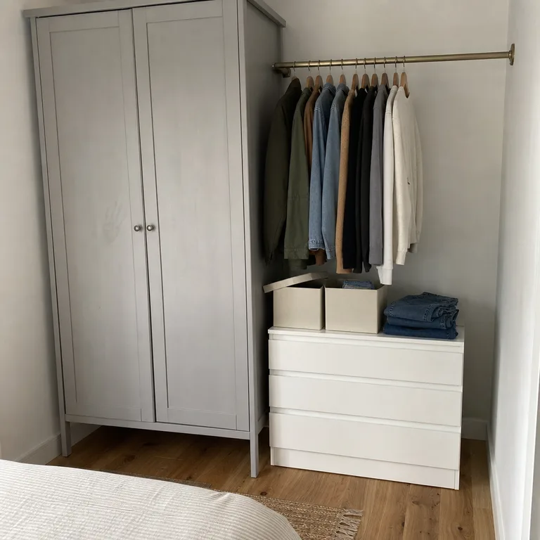 An L-shaped bedroom clothing zone with a freestanding wardrobe on one wall and an open rail above drawers on the adjacent wall.