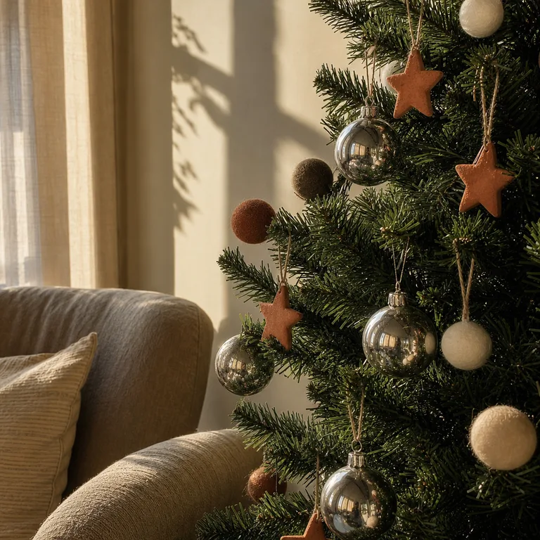 Glossy silver ornaments alternate with matte clay and felt decorations.