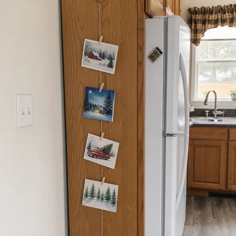 Blank illustrated holiday cards are clipped to twine on the side panel of an oak kitchen cabinet.