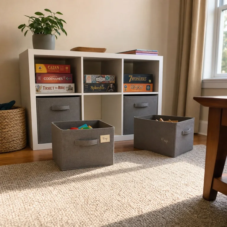 Cube shelf with labeled bins for small games and board game accessories.